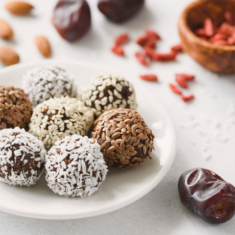 Image of chaga no bake bites on a white plate