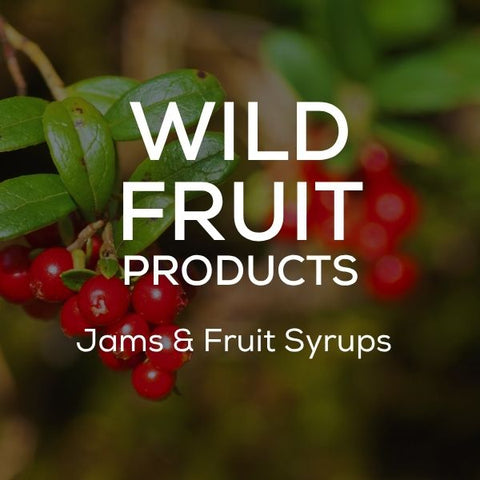 The text "Wild Fruit Products: Jam, Syrup & Honey" in front of an image of wild ligonberries.