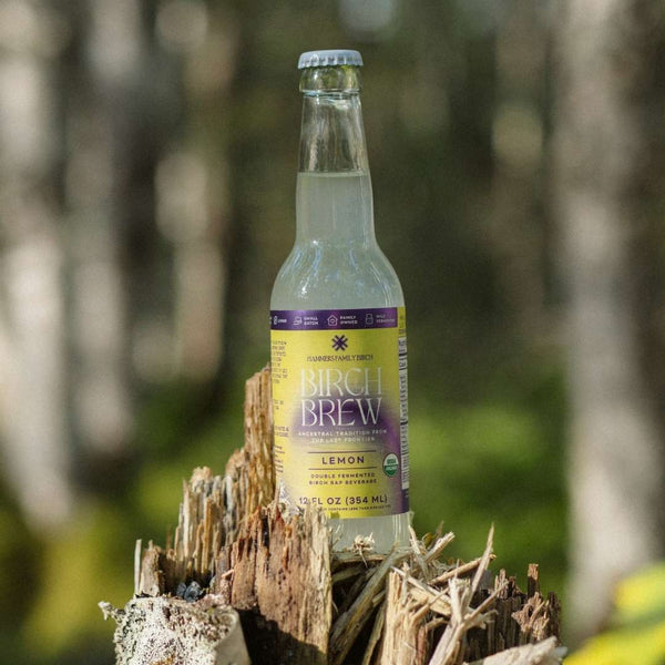 A bottle of Birch Brew Lemon non-alcoholic fermented birch water drink, standing on a weathered tree stump with a blurred forest background.
