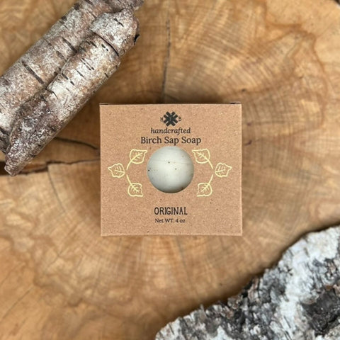 Hammers Family Birch - Birch sap soap in a box on a wooden surface with natural elements.
