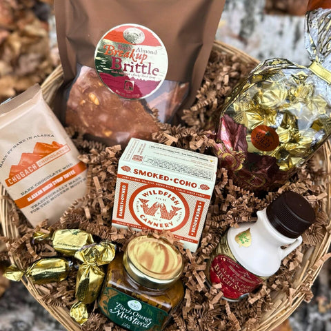 Gourmet Birchtastic gift basket with various items including chocolate, birch caramels, Alaska birch syrup, and canned salmon