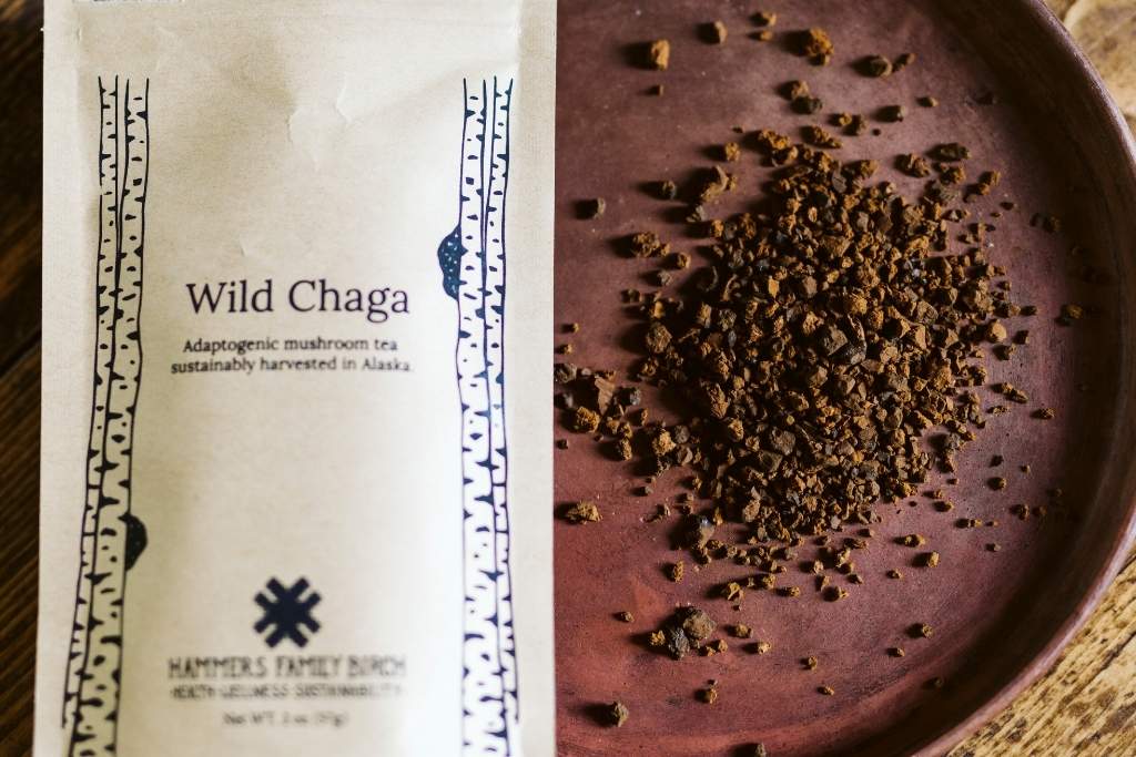 A package of Hammers Family Birch Wild Chaga mushroom tea stands next to a dark brown plate piled with coarse dark brown chaga pieces.