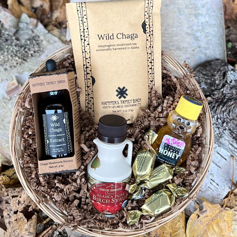 Gift basket with Wild Chaga products: chaga extract and chaga tea as well as honey and Alaska pure birch syrup