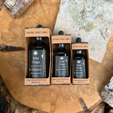 1oz, 2oz, and 4 oz glass dropper bottles of Hammers Family Birch Wild Chaga Extract 