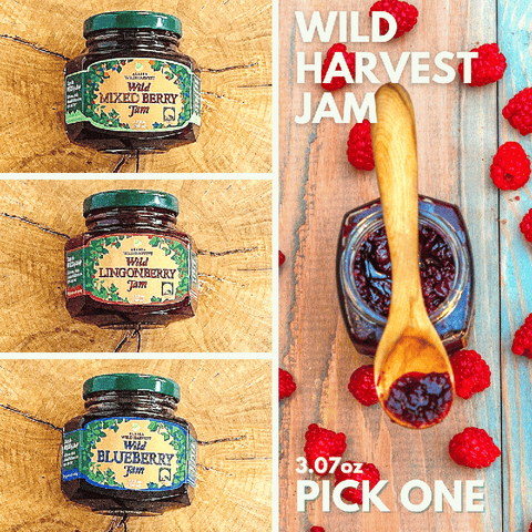 Collage of Wild Harvest Jam jars with a wooden spoon and berries on a wooden surface.