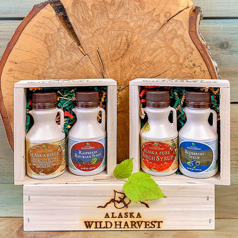 Wild Harvest Birch and Berry Syrup Gift Crate with 'Alaska Wild Harvest' branding.