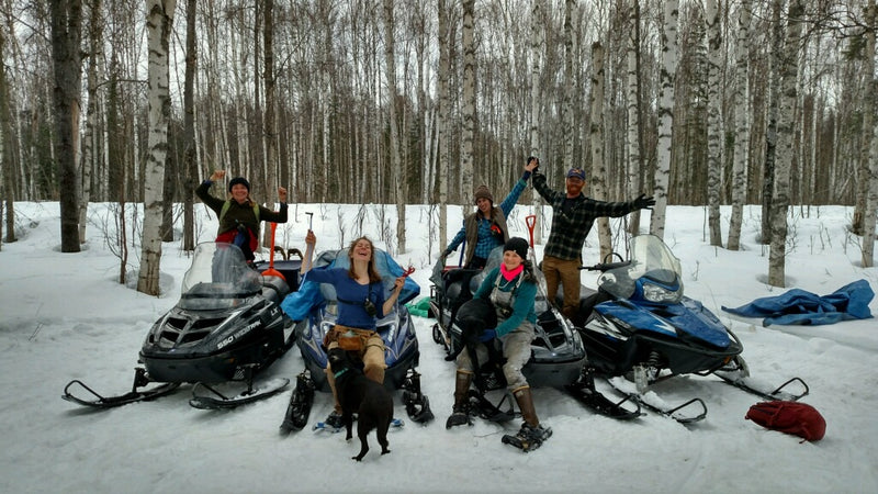 Group of people with snowmobiles in a birch forest