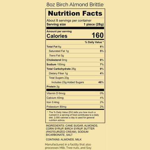 A Nutrition Facts label for 8oz Birch Almond Brittle, showing serving size, calories, and ingredients on a light beige background.