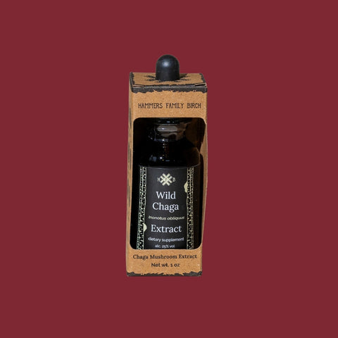 1oz glass dropper bottle of Hammers Family Birch Wild Chaga Extract 