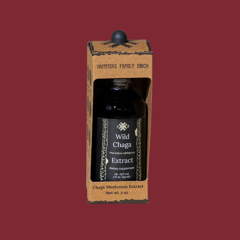 2oz glass dropper bottle of Hammers Family Birch Wild Chaga Extract 