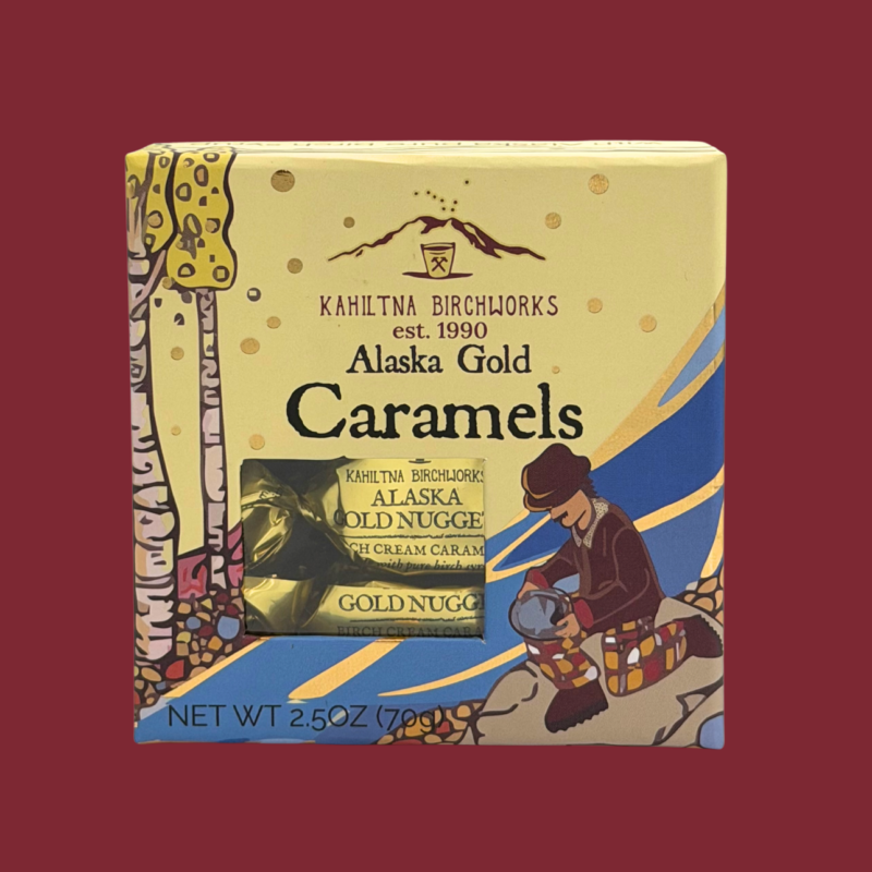 Kahiltna Birchworks Alaska Gold Caramels, 2.5 oz box with gold foil-wrapped birch cream caramel nuggets